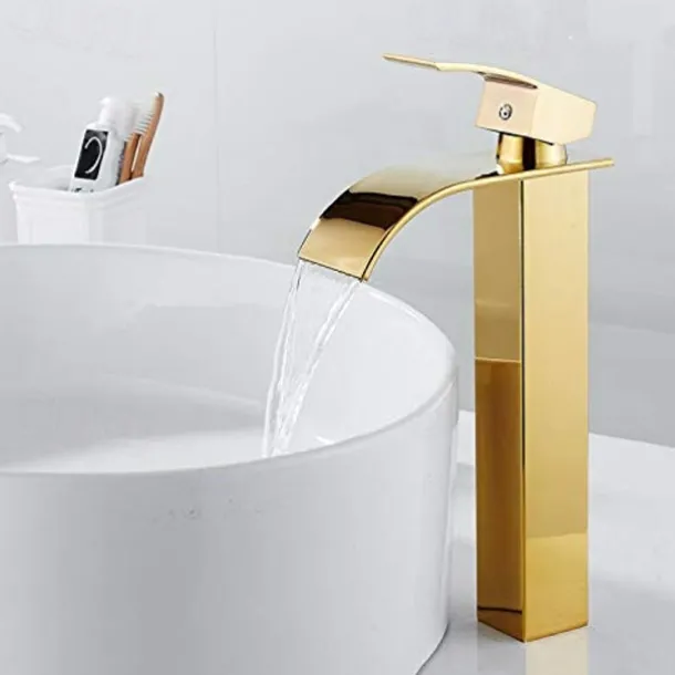 Waterfall Bathroom Sink Mixer Faucet Tall Short, Mono Wash Basin Single Handle Basin Taps, Washroom with Hot and Cold Hose Monobloc Vessel Water Brass Tap Deck Mounted Golden Black