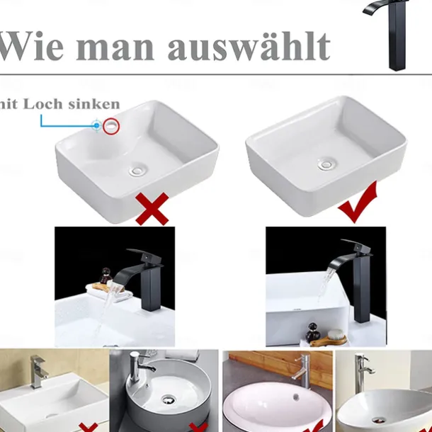 Waterfall Bathroom Sink Mixer Faucet Tall Short, Mono Wash Basin Single Handle Basin Taps, Washroom with Hot and Cold Hose Monobloc Vessel Water Brass Tap Deck Mounted Golden Black