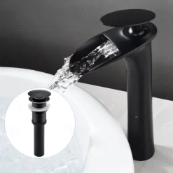 Waterfall Bathroom Sink Mixer Faucet Tall, Mono Wash Basin Single Handle Taps Deck Mounted, Washroom with Hot and Cold Hose Monobloc Vessel Water Brass Tap