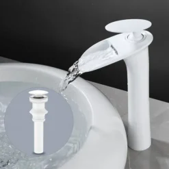 Waterfall Bathroom Sink Mixer Faucet Tall, Mono Wash Basin Single Handle Taps Deck Mounted, Washroom with Hot and Cold Hose Monobloc Vessel Water Brass Tap