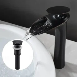 Waterfall Bathroom Sink Mixer Faucet Tall, Mono Wash Basin Single Handle Taps Deck Mounted, Washroom with Hot and Cold Hose Monobloc Vessel Water Brass Tap
