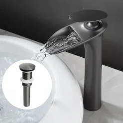 Waterfall Bathroom Sink Mixer Faucet Tall, Mono Wash Basin Single Handle Taps Deck Mounted, Washroom with Hot and Cold Hose Monobloc Vessel Water Brass Tap