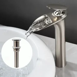 Waterfall Bathroom Sink Mixer Faucet Tall, Mono Wash Basin Single Handle Taps Deck Mounted, Washroom with Hot and Cold Hose Monobloc Vessel Water Brass Tap