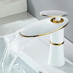 Waterfall Bathroom Sink Mixer Faucet Round, Wash Basin Taps Single Handle Washroom with Hot and Cold Hose Monobloc Vessel Water Brass Tap Deck Mounted