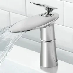 Waterfall Bathroom Sink Mixer Faucet Round, Wash Basin Taps Single Handle Washroom with Hot and Cold Hose Monobloc Vessel Water Brass Tap Deck Mounted