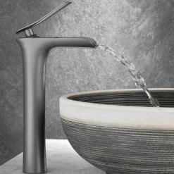 Waterfall Bathroom Sink Mixer Faucet Tall, Mono Wash Basin Single Handle Basin Taps Washroom with Hot and Cold Hose Monobloc Vessel Water Brass Tap Deck Mounted Grey Black Golden