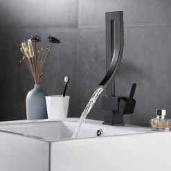 Waterfall Bathroom Sink Mixer Faucet, 360 Rotating Basin Vessel Tap Single Handle Irregular Creative Design Brushed Nickel/Chrome/Matte Black/Golden Sink Tap with Hot and Cold Water Hose