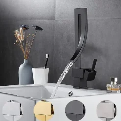 Waterfall Bathroom Sink Mixer Faucet, 360 Rotating Basin Vessel Tap Single Handle Irregular Creative Design Brushed Nickel/Chrome/Matte Black/Golden Sink Tap with Hot and Cold Water Hose