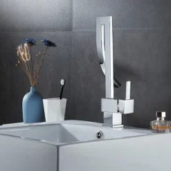 Waterfall Bathroom Sink Mixer Faucet, 360 Rotating Basin Vessel Tap Single Handle Irregular Creative Design Brushed Nickel/Chrome/Matte Black/Golden Sink Tap with Hot and Cold Water Hose