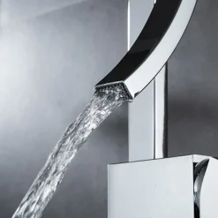 Waterfall Bathroom Sink Mixer Faucet, 360 Rotating Basin Vessel Tap Single Handle Irregular Creative Design Brushed Nickel/Chrome/Matte Black/Golden Sink Tap with Hot and Cold Water Hose