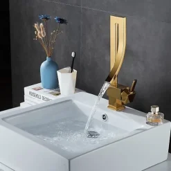 Waterfall Bathroom Sink Mixer Faucet, 360 Rotating Basin Vessel Tap Single Handle Irregular Creative Design Brushed Nickel/Chrome/Matte Black/Golden Sink Tap with Hot and Cold Water Hose