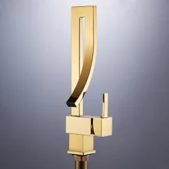 Waterfall Bathroom Sink Mixer Faucet, 360 Rotating Basin Vessel Tap Single Handle Irregular Creative Design Brushed Nickel/Chrome/Matte Black/Golden Sink Tap with Hot and Cold Water Hose