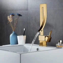 Waterfall Bathroom Sink Mixer Faucet, 360 Rotating Basin Vessel Tap Single Handle Irregular Creative Design Brushed Nickel/Chrome/Matte Black/Golden Sink Tap with Hot and Cold Water Hose