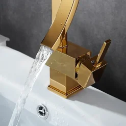Waterfall Bathroom Sink Mixer Faucet, 360 Rotating Basin Vessel Tap Single Handle Irregular Creative Design Brushed Nickel/Chrome/Matte Black/Golden Sink Tap with Hot and Cold Water Hose