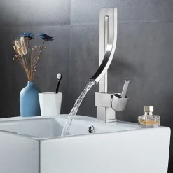 Waterfall Bathroom Sink Mixer Faucet, 360 Rotating Basin Vessel Tap Single Handle Irregular Creative Design Brushed Nickel/Chrome/Matte Black/Golden Sink Tap with Hot and Cold Water Hose