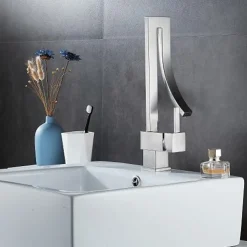 Waterfall Bathroom Sink Mixer Faucet, 360 Rotating Basin Vessel Tap Single Handle Irregular Creative Design Brushed Nickel/Chrome/Matte Black/Golden Sink Tap with Hot and Cold Water Hose