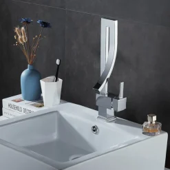 Waterfall Bathroom Sink Mixer Faucet, 360 Rotating Basin Vessel Tap Single Handle Irregular Creative Design Brushed Nickel/Chrome/Matte Black/Golden Sink Tap with Hot and Cold Water Hose