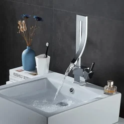 Waterfall Bathroom Sink Mixer Faucet, 360 Rotating Basin Vessel Tap Single Handle Irregular Creative Design Brushed Nickel/Chrome/Matte Black/Golden Sink Tap with Hot and Cold Water Hose