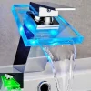 Waterfall Bathroom Sink Mixer Faucet Chrome, Led Faucet Lights Color Changing Battery Powered, Single Hole Single Handle Basin Taps, Brass Washroom Facuet with Glass Spout
