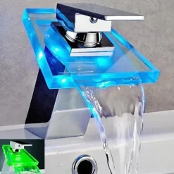 Waterfall Bathroom Sink Mixer Faucet Chrome, Led Faucet Lights Color Changing Battery Powered, Single Hole Single Handle Basin Taps, Brass Washroom Facuet with Glass Spout