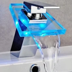 Waterfall Bathroom Sink Mixer Faucet Chrome, Led Faucet Lights Color Changing Battery Powered, Single Hole Single Handle Basin Taps, Brass Washroom Facuet with Glass Spout