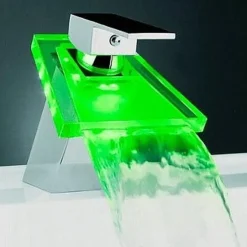 Waterfall Bathroom Sink Mixer Faucet Chrome, Led Faucet Lights Color Changing Battery Powered, Single Hole Single Handle Basin Taps, Brass Washroom Facuet with Glass Spout