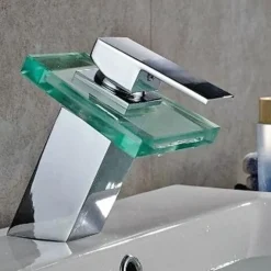 Waterfall Bathroom Sink Mixer Faucet Chrome, Led Faucet Lights Color Changing Battery Powered, Single Hole Single Handle Basin Taps, Brass Washroom Facuet with Glass Spout