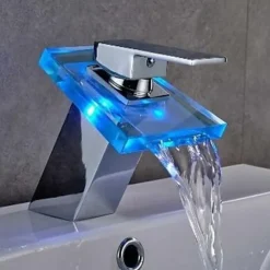 Waterfall Bathroom Sink Mixer Faucet Chrome, Led Faucet Lights Color Changing Battery Powered, Single Hole Single Handle Basin Taps, Brass Washroom Facuet with Glass Spout
