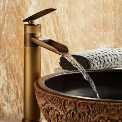 Waterfall Bathroom Sink Mixer Faucet Tall, Antique Brass Single Handle Basin Taps with Cold and Hot Hose