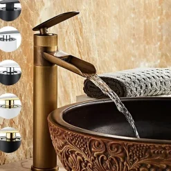 Waterfall Bathroom Sink Mixer Faucet Tall, Antique Brass Single Handle Basin Taps with Cold and Hot Hose