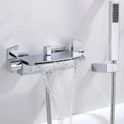 Waterfall Bathtub Faucet Wall Mounted, Widespread Bathroom Shower Mixer Faucet Bath Roman Tub Filler Mixer Tap Brass, 3 Hole Sprayer with Cold Hot Water Hose