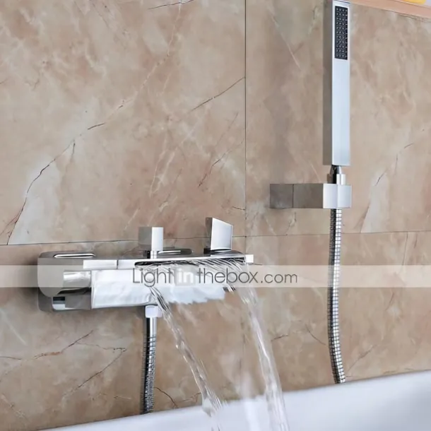 Waterfall Bathtub Faucet Wall Mounted, Widespread Bathroom Shower Mixer Faucet Bath Roman Tub Filler Mixer Tap Brass, 3 Hole Sprayer with Cold Hot Water Hose