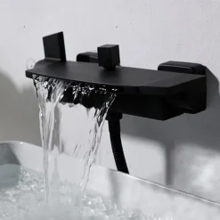 Waterfall Bathtub Faucet Wall Mounted, Widespread Bathroom Shower Mixer Faucet Bath Roman Tub Filler Mixer Tap Brass, 3 Hole Sprayer with Cold Hot Water Hose