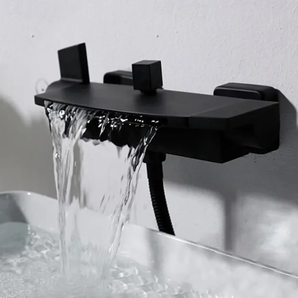 Waterfall Bathtub Faucet Wall Mounted, Widespread Bathroom Shower Mixer Faucet Bath Roman Tub Filler Mixer Tap Brass, 3 Hole Sprayer with Cold Hot Water Hose