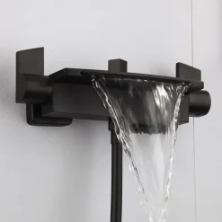 Waterfall Bathtub Faucet Wall Mounted, Widespread Bathroom Shower Mixer Faucet Bath Roman Tub Filler Mixer Tap Brass, 3 Hole Sprayer with Cold Hot Water Hose