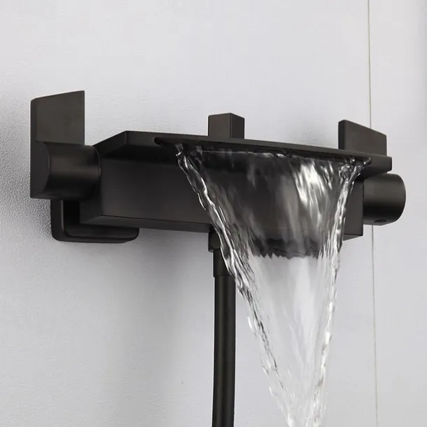 Waterfall Bathtub Faucet Wall Mounted, Widespread Bathroom Shower Mixer Faucet Bath Roman Tub Filler Mixer Tap Brass, 3 Hole Sprayer with Cold Hot Water Hose