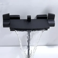 Waterfall Bathtub Faucet Wall Mounted, Widespread Bathroom Shower Mixer Faucet Bath Roman Tub Filler Mixer Tap Brass, 3 Hole Sprayer with Cold Hot Water Hose