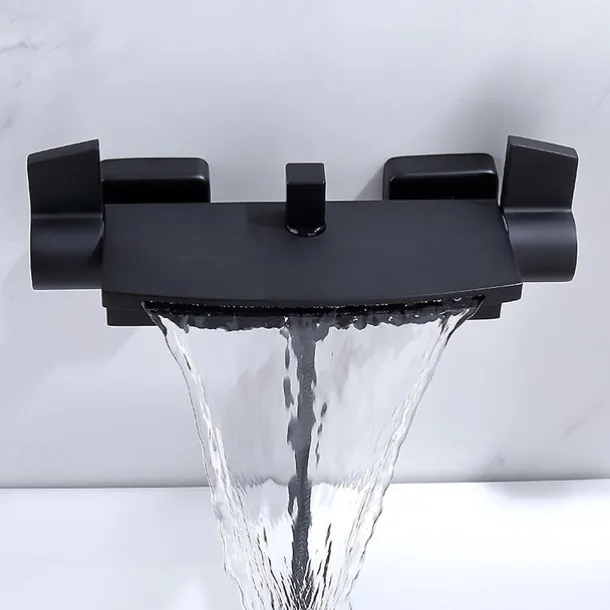 Waterfall Bathtub Faucet Wall Mounted, Widespread Bathroom Shower Mixer Faucet Bath Roman Tub Filler Mixer Tap Brass, 3 Hole Sprayer with Cold Hot Water Hose