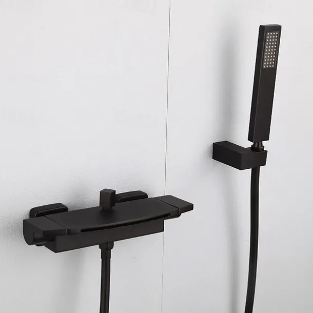 Waterfall Bathtub Faucet Wall Mounted, Widespread Bathroom Shower Mixer Faucet Bath Roman Tub Filler Mixer Tap Brass, 3 Hole Sprayer with Cold Hot Water Hose