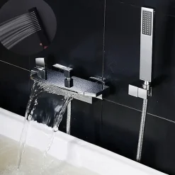 Waterfall Bathtub Faucet Wall Mounted, Widespread Bathroom Shower Mixer Faucet Bath Roman Tub Filler Mixer Tap Brass, 3 Hole Sprayer with Cold Hot Water Hose