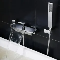 Waterfall Bathtub Faucet Wall Mounted, Widespread Bathroom Shower Mixer Faucet Bath Roman Tub Filler Mixer Tap Brass, 3 Hole Sprayer with Cold Hot Water Hose