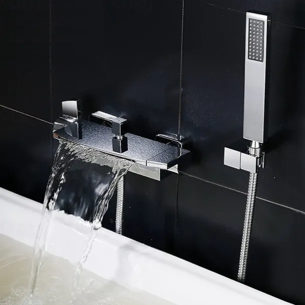 Waterfall Bathtub Faucet Wall Mounted, Widespread Bathroom Shower Mixer Faucet Bath Roman Tub Filler Mixer Tap Brass, 3 Hole Sprayer with Cold Hot Water Hose