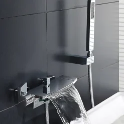 Waterfall Bathtub Faucet Wall Mounted, Widespread Bathroom Shower Mixer Faucet Bath Roman Tub Filler Mixer Tap Brass, 3 Hole Sprayer with Cold Hot Water Hose