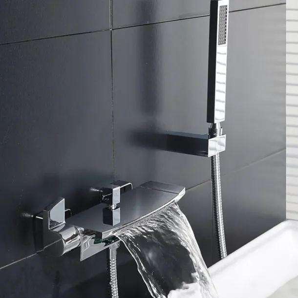 Waterfall Bathtub Faucet Wall Mounted, Widespread Bathroom Shower Mixer Faucet Bath Roman Tub Filler Mixer Tap Brass, 3 Hole Sprayer with Cold Hot Water Hose