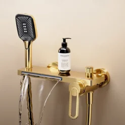 Waterfall Bathtub Faucet, Minimalist Style Bathroom High Pressure High Flow Bath Shower Mixer Taps, Height Adjustable Handheld Shower Faucet Included, Ceramic Valve Insides