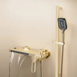 Waterfall Bathtub Faucet, Minimalist Style Bathroom High Pressure High Flow Bath Shower Mixer Taps, Height Adjustable Handheld Shower Faucet Included, Ceramic Valve Insides