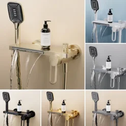 Waterfall Bathtub Faucet, Minimalist Style Bathroom High Pressure High Flow Bath Shower Mixer Taps, Height Adjustable Handheld Shower Faucet Included, Ceramic Valve Insides