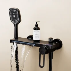 Waterfall Bathtub Faucet, Minimalist Style Bathroom High Pressure High Flow Bath Shower Mixer Taps, Height Adjustable Handheld Shower Faucet Included, Ceramic Valve Insides