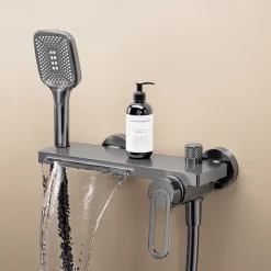 Waterfall Bathtub Faucet, Minimalist Style Bathroom High Pressure High Flow Bath Shower Mixer Taps, Height Adjustable Handheld Shower Faucet Included, Ceramic Valve Insides