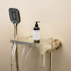 Waterfall Bathtub Faucet, Minimalist Style Bathroom High Pressure High Flow Bath Shower Mixer Taps, Height Adjustable Handheld Shower Faucet Included, Ceramic Valve Insides